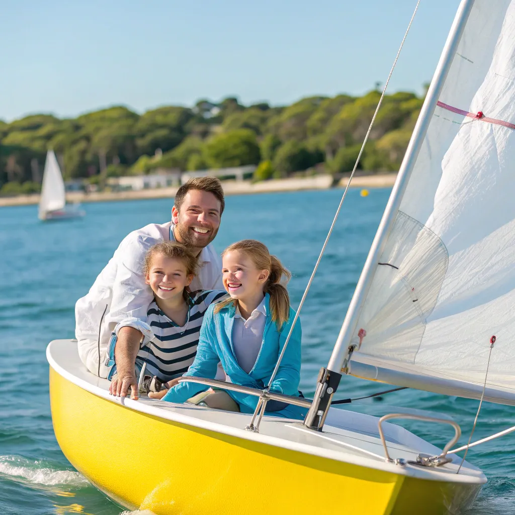 The Evans Family smiling together on a sailboat