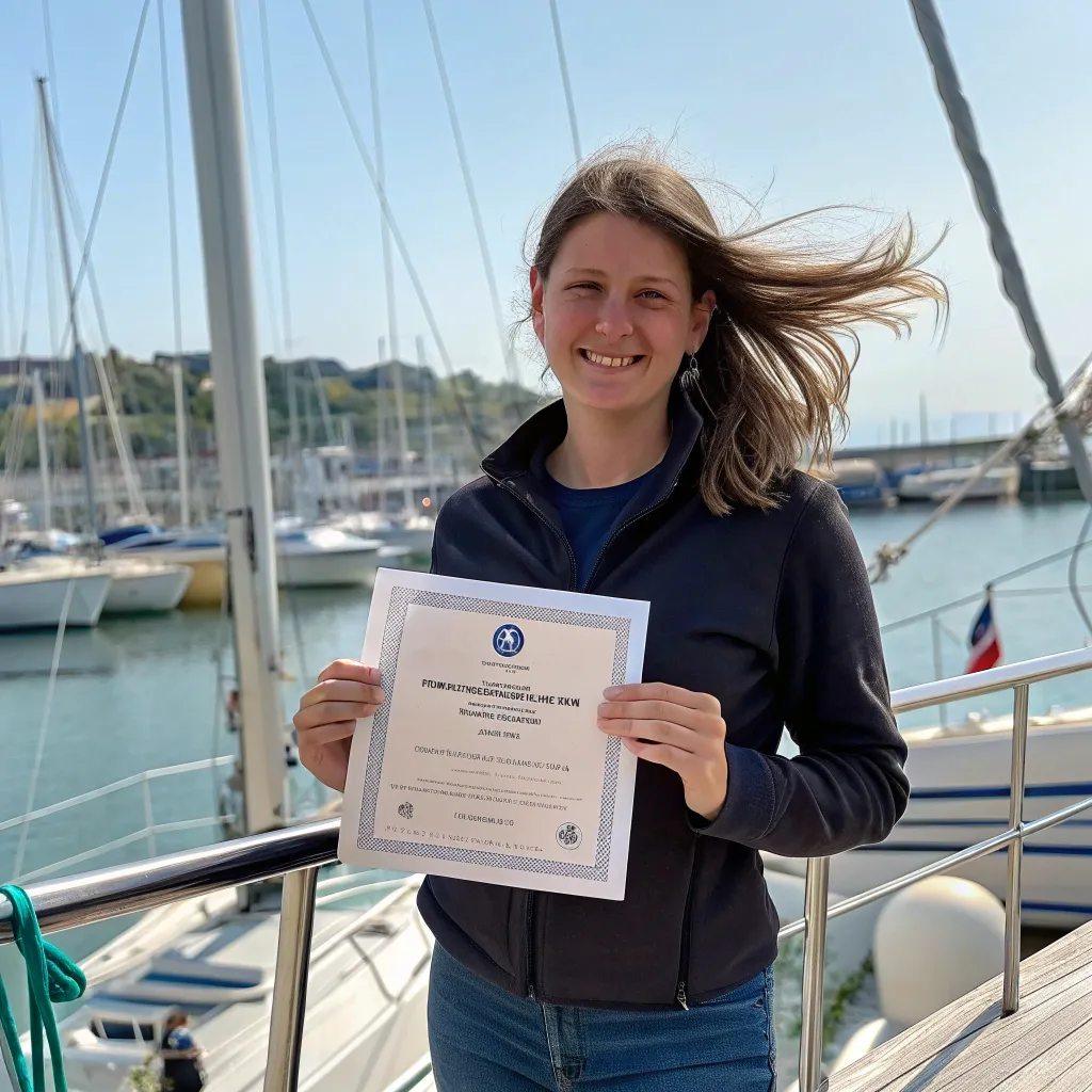 Jessica Martin proudly holding her sailing certificate