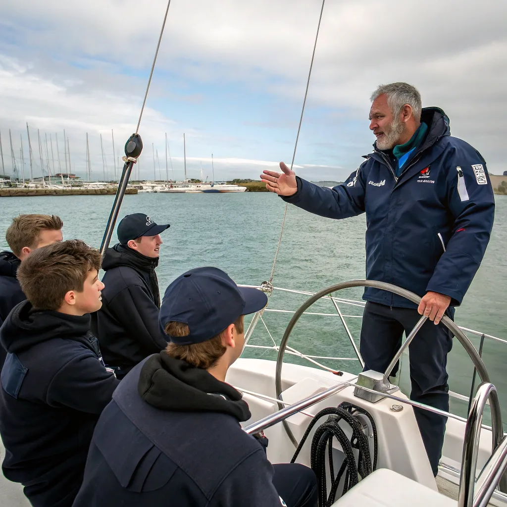 Michael Thompson instructing new sailors on a boat