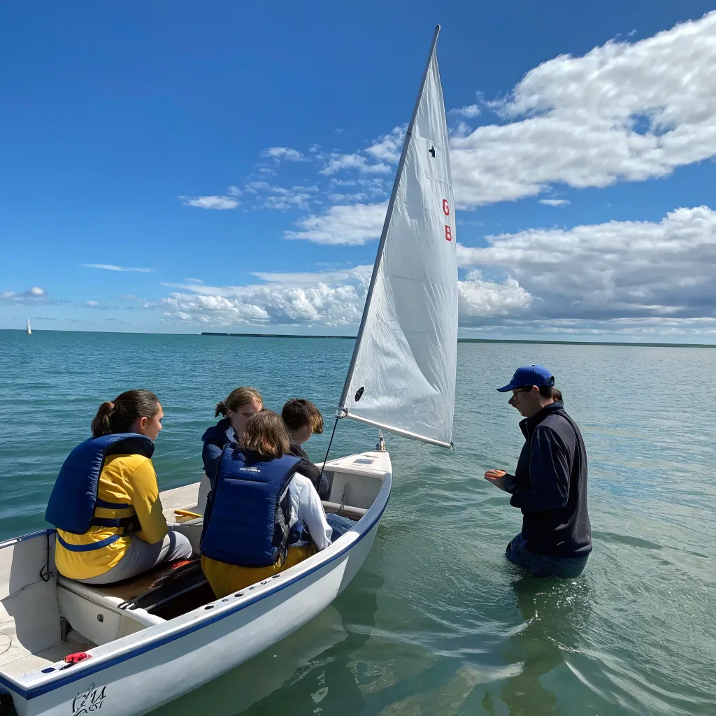 Students learning to sail under the guidance of an instructor at sea.