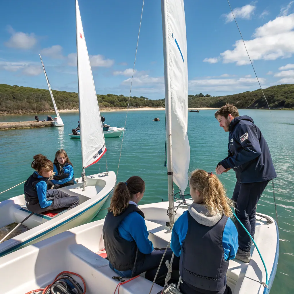 Students attending a ZERVONETH sailing course with an instructor demonstrating sailing techniques on a boat